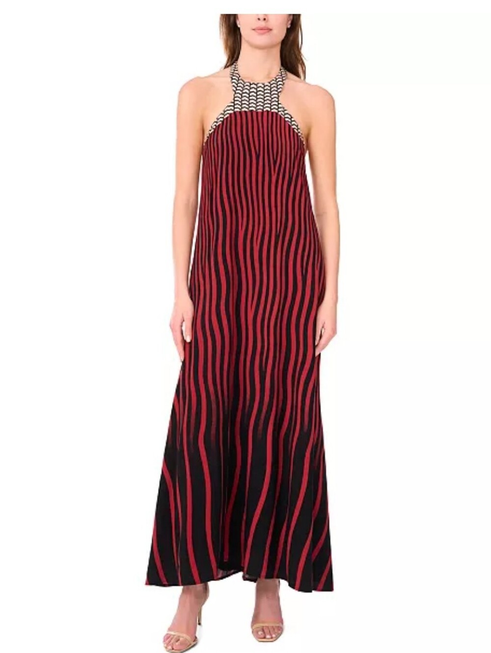 1.STATE NWT XS Red Black Striped Halter Maxi Dress Colorblock $99 Cocktail